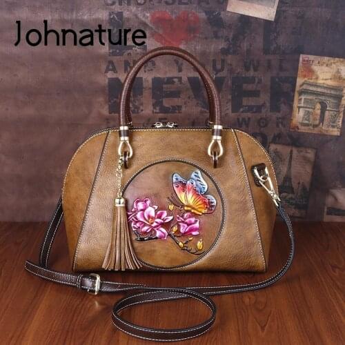 Johnature 2021 New Genuine Leather Retro Luxury Handbag Women Bag Handmade Embossing Large Capacity Shoulder & Crossbody Bags