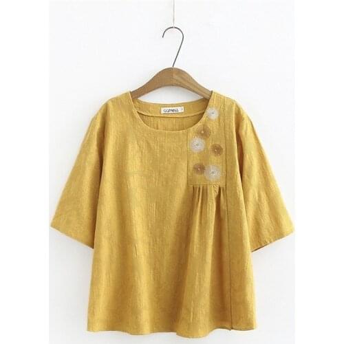 Plus Size Womens Cotton T-shirts Oversized Tops Floral Embroidery t-Shirts