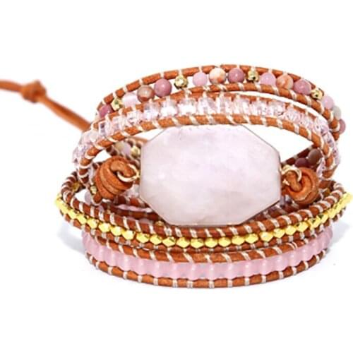 Boho Leather Bracelets for Women Natural Stone Pink quartz 5 Strands Wrap Bracelet Vintage Weaving Beads Bracelet Jewelery