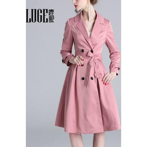 2021 autumn new womens dress pink large lapel womanly coat Long Sleeve waist closing thin ol windbreaker women