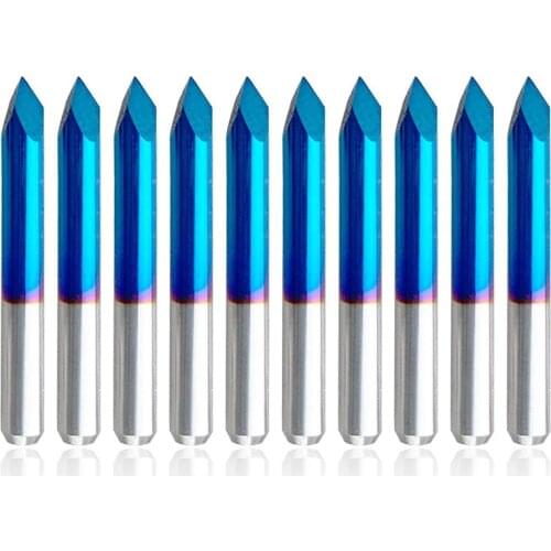 10Pcs Triangular CNC Router Bits V-Bit 60 Degree 0.1Mm Engraving Bits 1/8inch Shank Blue Coating Sharp Pyramid Bits