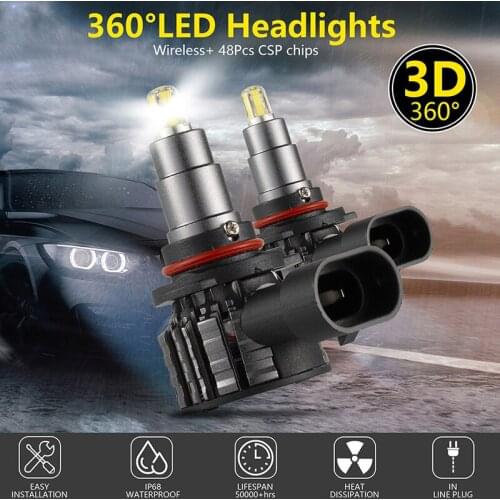2Pcs 48 Chips 4 Sides 9005/HB3 LED Lamp Car Headlight Bulbs 360 Degree 6000K