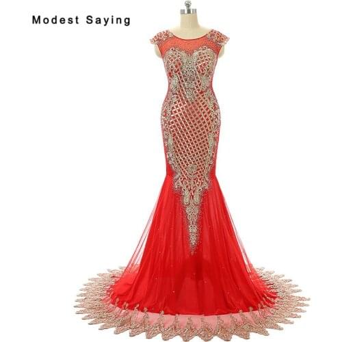 2018 New Elegant Red Mermaid Beaded Lace Evening Dresses with Gold Applique Formal Women Party Prom Gowns vestido de festa longo