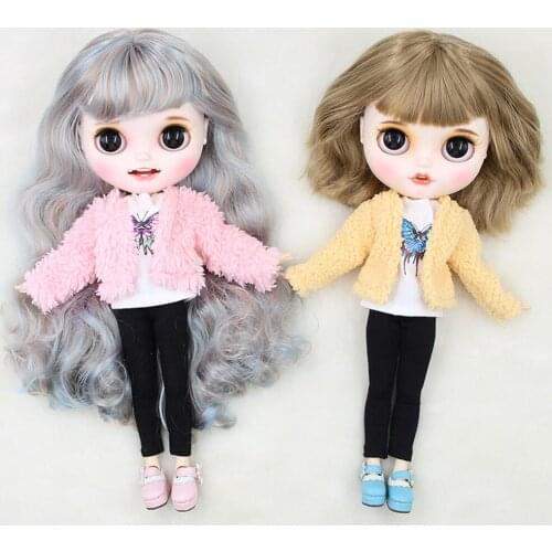 3pieces 12inch Collarless Plush Coat T-shirt Pants Clothes for Blythe Doll