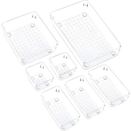 7 Pcs Drawer Organizer with Non-Slip Silicone Pads, 4-Size Clear Desk Drawer Organizer Trays in Office and Kitchen