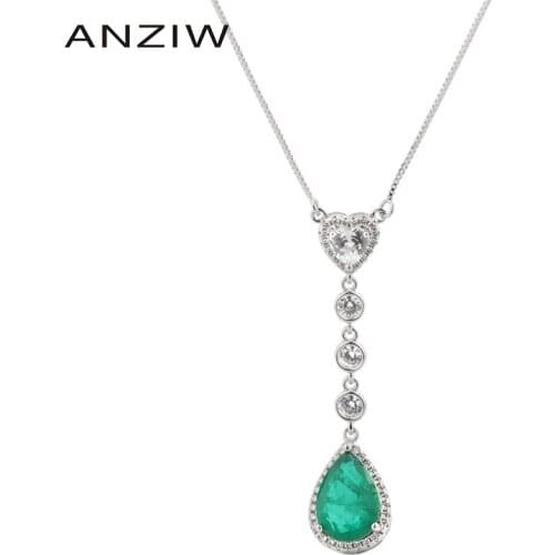 ANZIW Sterling Silver Pear-shaped Cut 10x14mm Lab Created Emerald Simple Classic Pendant Necklace For Women Jewelry Gifts