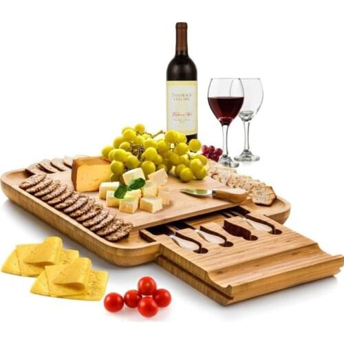 Bamboo Cheese Board with Cutlery Wood Charcuterie Platter Serving Meat Board with Slide-Out Drawer with 4 knife A9269