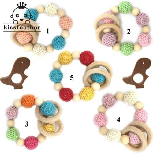 2pcs Crochet Beads Teething Ring Natural Round Wood Bracelet Baby Newborn Mom Kids Wooden dinosaur Teether Toy