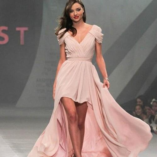 Affordable Pink V-neck cap sleeves high low A-line chiffon prom dresses Beautiful cheap formal evening dresses gowns under 200