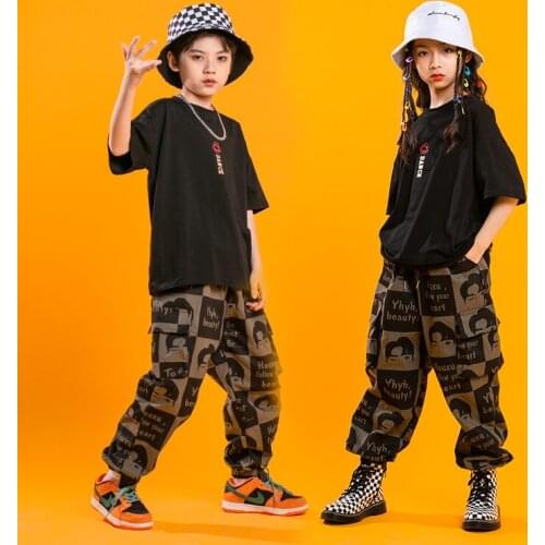 Kids Hip Hop Clothes For Children Black Short T Shirt Top Print Streetwear Tactical Cargo Pants For Girl Boy Jazz Dance Costume