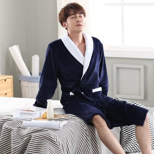 Men Autumn Winter Coral Kimono Robe Warm Sleepwear Navy Blue Bathrobe Gown Nightwear Short Flannel Home Clothing Soft Negligee