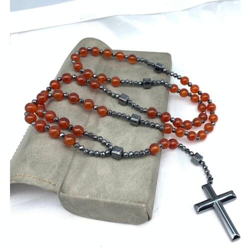 Rock crystal Catholic Christian rosary necklace female male tiger eye hematite cross pendant meditation Mara jewelry