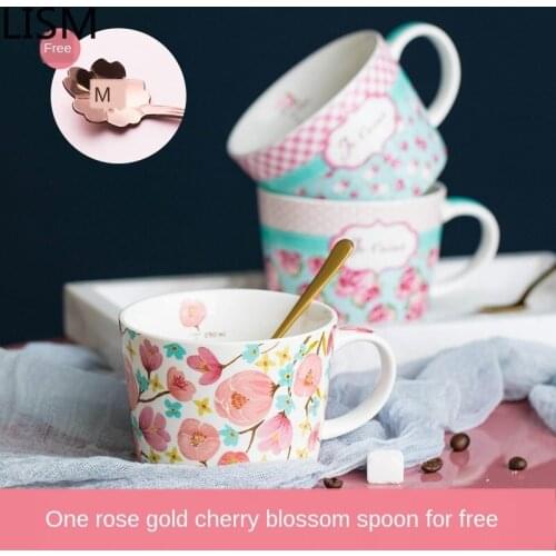 Nordic Flower Coffee with Spoon Ceramic Mug Fashion Breakfast Milk Mug Enamel Tazas Para Cafe Cute Girl Creative Mug Handmade
