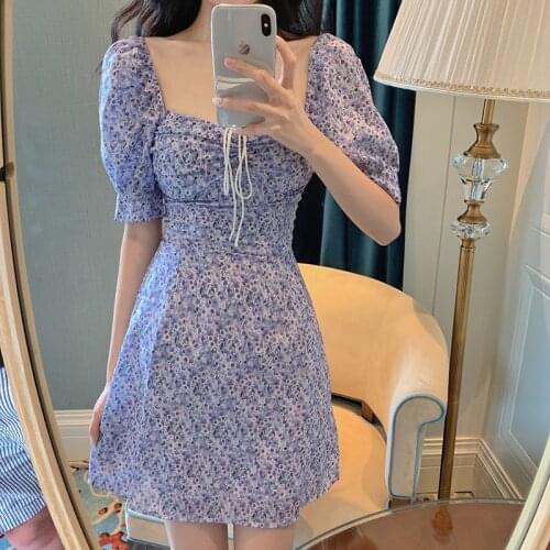 Summer Puff Sleeve Fairy Dress 2021 Women Vintage Sweet Short Sleeve Floral Dresses Cottagecore Girl Elegant Beach Holiday Wear