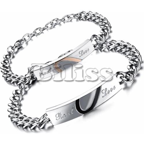 Fashion Couple Jewelry Classic Matching Heart "Real Love" ID Bracelet Stainless Steel Lover Bracelet 1 Piece for Women or Men