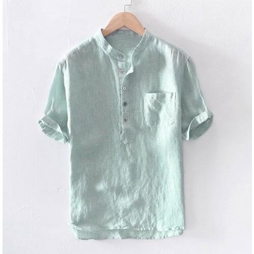 Mens Casual Shirt Baggy Stripe Cotton Linen Short Sleeve Button Pocket Shirts Tops Blouse Men Hawaiian Shirt 2021 Chemise Homme