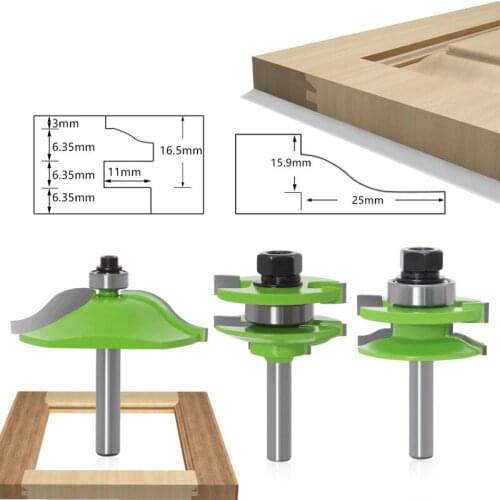 3Pcs 8mm Shank Wood Router Bit Set With Bearing Green Cabinet Tenon Knife Door Knife T-Slot Milling Cutter Woodworking Tool