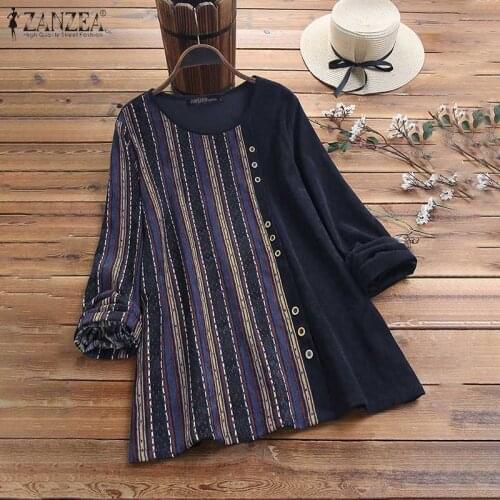 ZANZEA Autumn Vintage Long Sleeve Corduroy Blouse Women Floral Printed Tops Femininas Shirts Chemise Casual Patchwork Blusas