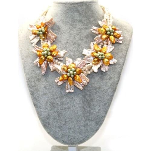 Freshwater Pearl American Style Necklace Five Shell Flowers Three-rows Promotion 18"