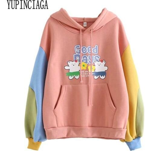 YUPINCIAGA 2020 Casual cute Cartoon Rainbow Bear Print Stitching contrast Color plus velvet Warm Hoodies loose Hooded Sweatshirt