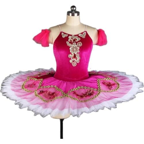 All For Dance Rose Red Velvet Gold Trim Pre-professional Pancake Ballet Tutu For Ballerina Performance Dance Wear Dance Dress