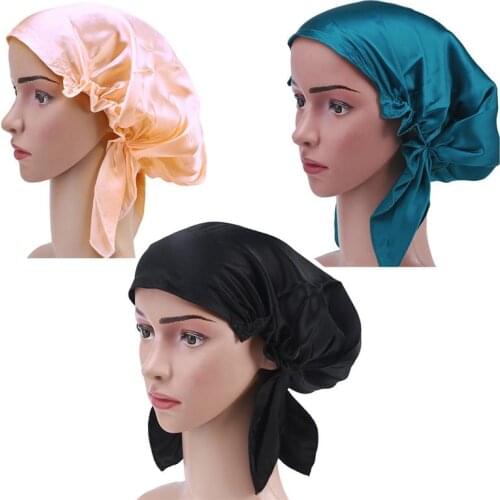 Mulberry Silk Night Sleeping Cap Long Hair Bonnet Smooth Soft Hat for Women Girls(Black/Blue/Pink)