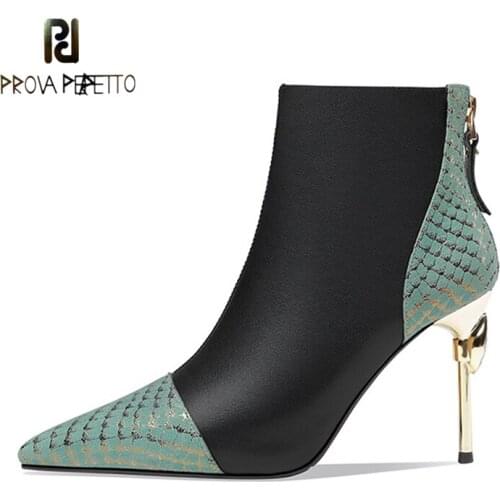 Pointed Toe Stiletto Shoes Gemstone Crystal and Cowhide Color Matching Back Zipper and Velvet Fashion Temperament Short Boots