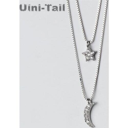 Uini-Tail hot new 925 sterling silver stars moon double micro-inlaid necklace Korean fashion trend sweet star moon jewelry GN840
