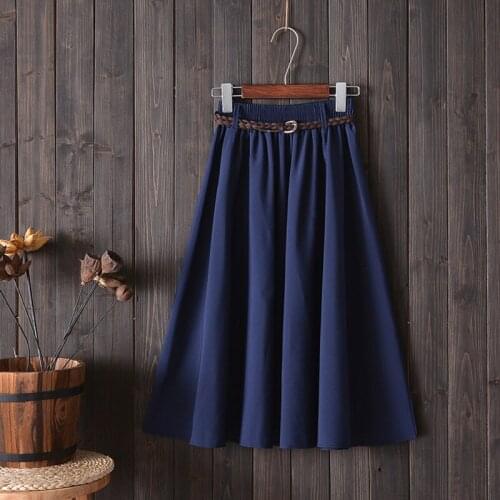 Midi Knee Length Summer Skirt Women With Belt 2021 Fashion Korean Ladies High Waist Pleated A-line School Skirt Female