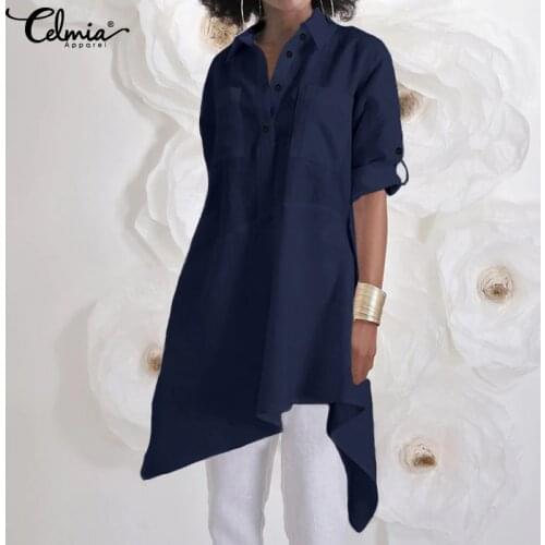 Womens Asymmetrical Long Shirt Celmia 2021 Autumn Long Sleeve Blouses Casual Button Tunic Tops Loose Plus Size Blusas Femininas