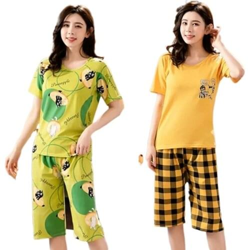 Women sleepwear summer cotton pajamas women short-sleeved cropped trousers cute sweet simple home clothing