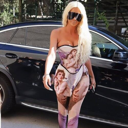 Vintage Jumpsuit 2021 Spring Women Off Shoulder Lace Up Streetwear Playsuit Painting Artistic Sexy Bodycon One Piece Overalls