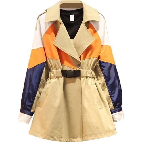 2020 New Plus Size Womens Spring Autumn Long Trench Coat Casual Long Sleeve Windbreaker Outerwear Feminine Colorblock Top Y60