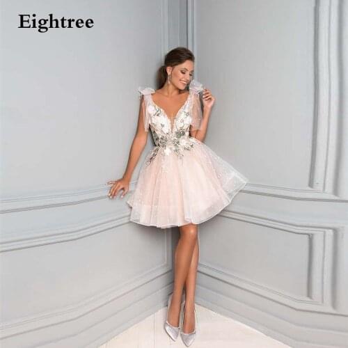 Eightree Sweeet Pink Dotted Organza Short Wedding Dresses With Flower V Neck Sleeveless Tulle A Line Beach Wedding Bridal Gowns