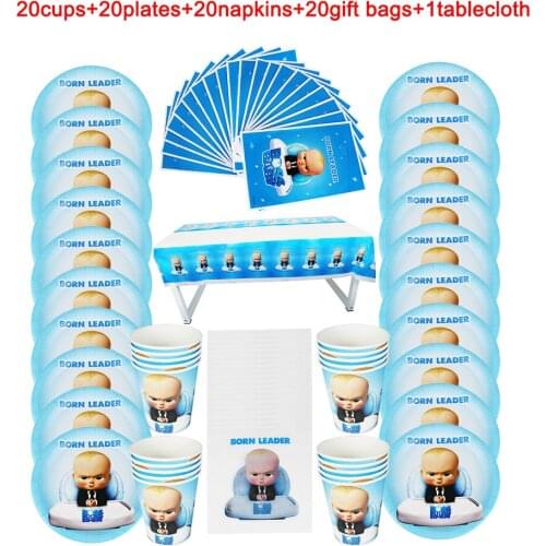 81Pcs Baby Boss Disposable Tableware Kids Birthday Party Paper Plate+Cup+Napkin+Candy Gift Bag+Tablecloth Little Leader Supplies