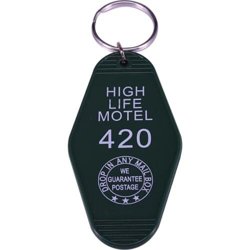 High Life Motel Weed 420 Keychain Cute vintage style plastic motel key tag in pine green