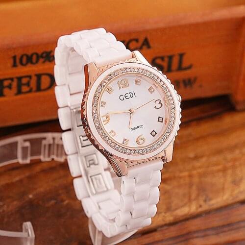 Korean Version of Ceramic Diamond-Studded White Watches for Women Waterproof Quartz Folding Buckle Casual Summer Wrist Watches