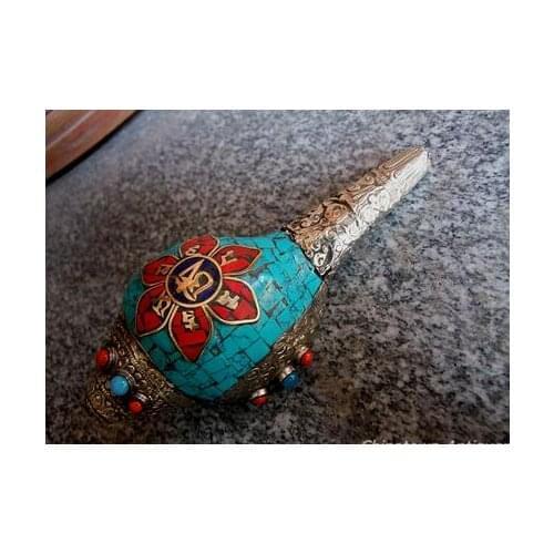 Decorative Handmade Nepal Tibetan Old silver Buddhism Whistle horn Silver Alloy Inlay Conch Shell Trumpet Turquoise Vajra Dorje