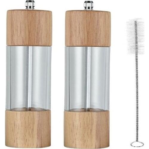 Wooden Salt and Pepper Grinder Set, Manual Salt and Pepper Grinder with Visible Window and Cleaning Brush, 2 Pack