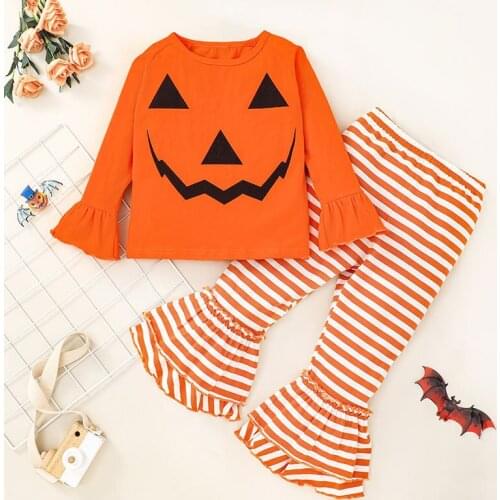 Halloween Ghost Head T-shirt Pants Outfits For Girls 2pcs/sets New Style Boys Pumpkin Tops Striped Flared Pants 2-6y