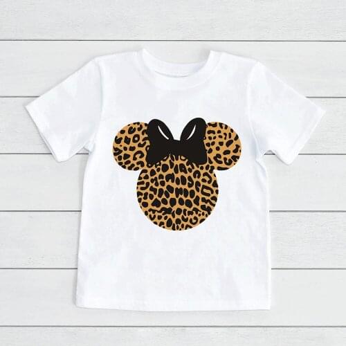 Minnie Mouse Head Leopard Print Tshirts Children Summer Kids Stylish Top Shirt Baby Girl Boy Disney Tee Kids T-Shirt