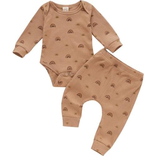 Citgeett Autumn Newborn Baby Girls Boys Ribbed Outfits Rainbow Sun Print Long Sleeve Playsuit + Trousers Clothes Set