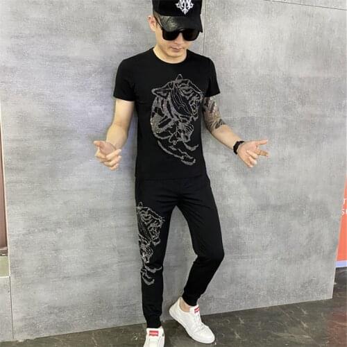 Spring and summer fashion pattern mens Tracksuit sports suit rhinestone tiger short sleeve sweatshirt+casual pants