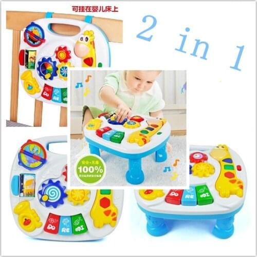 Free shipping musical baby crib attachment toy activity learning table 2 in 1 baby bed hanging toys soothe and flashing light