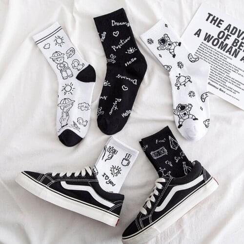 Japanese white Socks womens Kawaii cute summer thin cartoon graffiti Womens socks fashion breathable black student long Socks