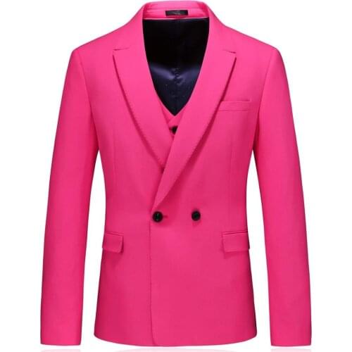Latest Design Hot Pink Groom Tuxedos Men wedding Suits Double Breasted Man Blazer Jacket 3 Pieces Groomsmen Wear Evening Prom