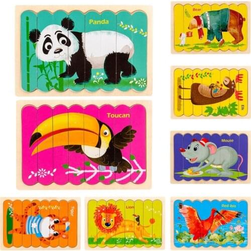 Puzzle Animal Pattern Self Assembly DIY Jigsaw Double-sided Wooden Kids Educational Toy Game Gift for Parent-child
