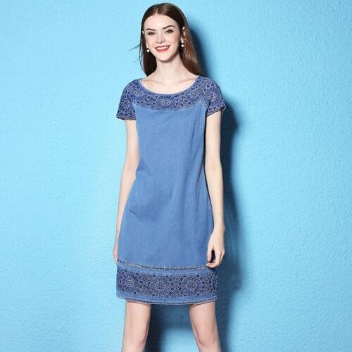 Summer and Autumn large size dress flowers embroidery patchwork dress lace loose thin denim Dress NW17B1128
