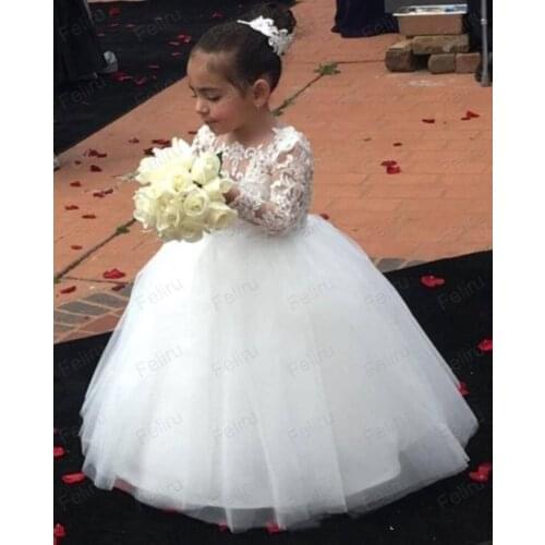 Lovely Flower Girls Dresses Jewel Neck Lace Appliques Long Sleeves Tulle Birthday Dresses First Communion Girls Pageant Gown