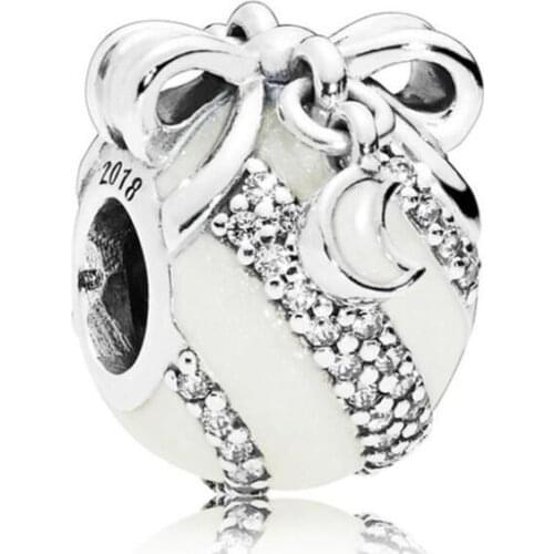 Genuine 925 Sterling Silver Bead Charm Pave Stripe Christmas Ornament With Star & Moon Beads Fit Pan Bracelet Bangle Neckla